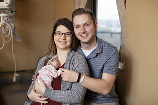 Samantha Steiskal and Eric Wrobleski hold their daughter, Haley. Her early arrival at 26 weeks’ gestation amidst a snowstorm in February was assisted with the help of neonatologist at Mayo Clinic in Rochester via telemedicine technology. 